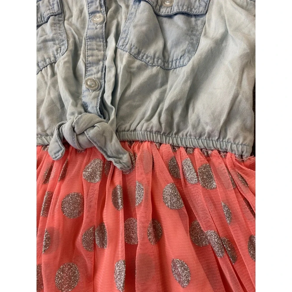 Justice Girls Denim and Coral Pink Tulle Glitter Polka Dot Dress Size 12